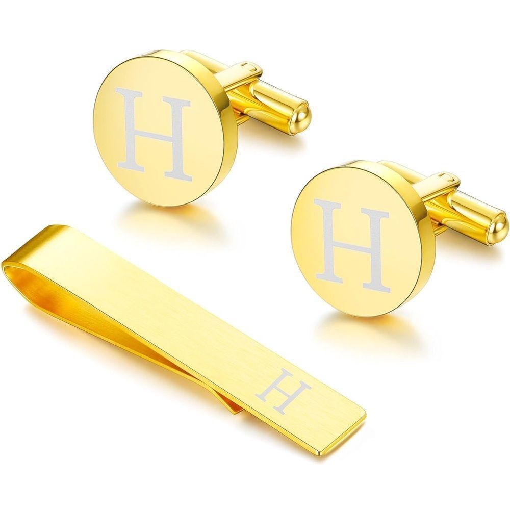 H Initial Cufflinks and Tie Clip Set for Men